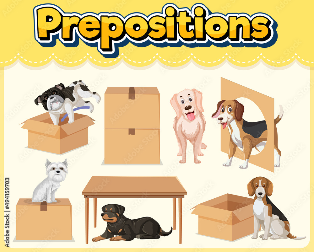 Fototapeta premium Prepostion wordcard design with dog and boxes