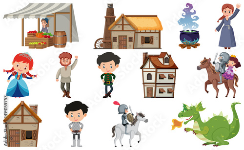 Medieval characters buildings set