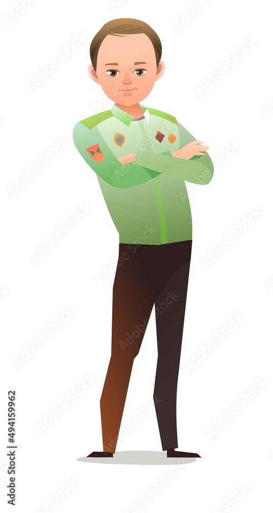 Pretty little boy in scout uniform with badges. Cheerful guy. Standing pose. Cartoon flat design in comic style. Single character. Illustration isolated on white background. Vector Pretty little boy in scout uniform with badges. Cheerful guy. Standing pose. Cartoon flat design in comic style. Single character. Illustration isolated on white background. Vector