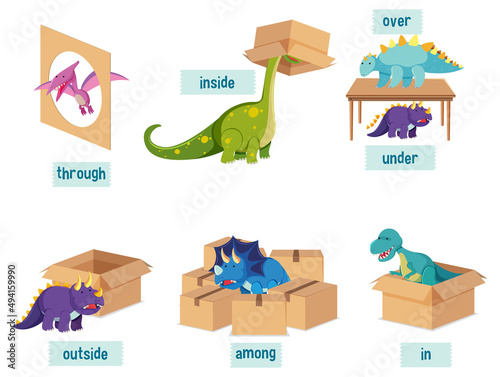 Preposition set with dinosaurs and boxes