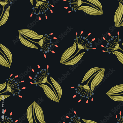 Oriental mystic motif branches with stylized ornamental flowers and berries in folk vintage style inspired by northern mythology, fairy tales seamless pattern. Vector flat cartoon texture background