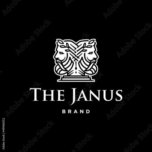 Ancient Greek Figure Face Head Statue Sculpture Logo design, Elegance logo Janus God wearing leaf crown, line linear illustration elegant logo illustration 