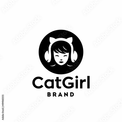 girl with cat headband. cute woman with a cat kitty ear accessories or headphone logo vector Illustration mascot.