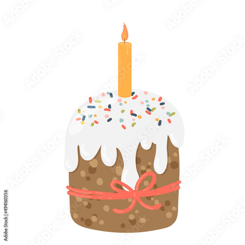 Easter cake with candle flat cartoon vector illustration isolated on white background.
