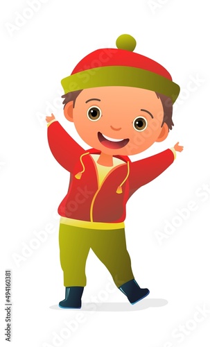 Little Boy preschooler. Person in autumn clothes. In sweatshirt and knitted hat. Cheerful funny kid. Baby joy. Cute child. Cartoon style illustration. Flat design. Isolated on white background. Vector