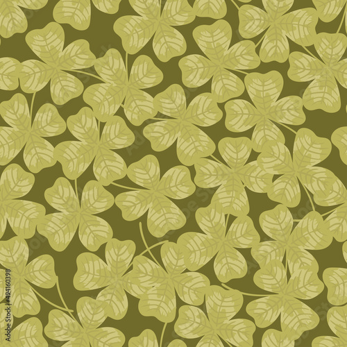 Four leaf clover vector seamless pattern. Lucky clover leaf four petals cartoon texture. Green shamrock for St. Patrick's Day, Irish Holiday beer festival background for fabric, wallpaper, wrap paper