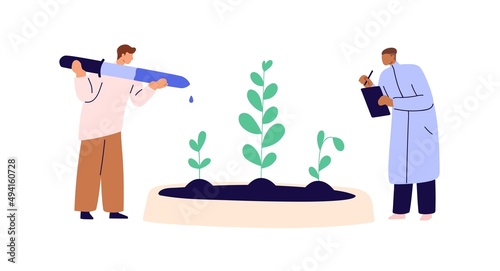 Botanists studying plants, conducting botany research in science laboratory. Scientists testing fertilizers for agriculture, nourishing soil. Flat vector illustration isolated on white background