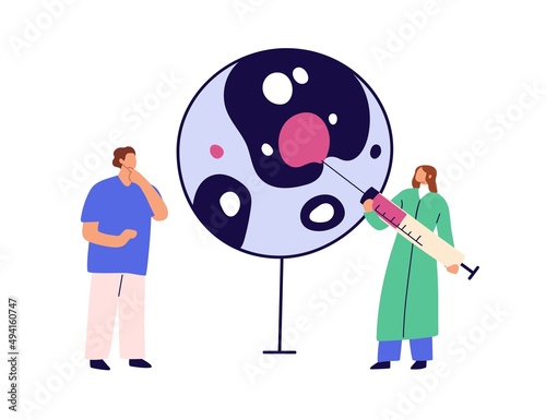 Scientists at medical science research in laboratory, studying, examining, discovering smth in lab. Doctors conducting vaccine tests. Flat graphic vector illustration isolated on white background