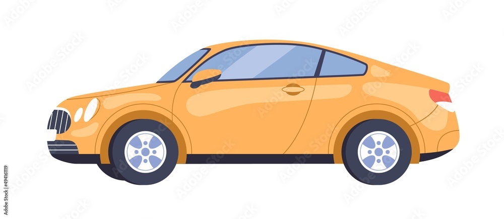 Two-door car, side view. New yellow auto profile. Automobile, modern road transport with wheels. Abstract model. Flat vector illustration isolated on white background Two-door car, side view. New yellow auto profile. Automobile, modern road transport with wheels. Abstract model. Flat vector illustration isolated on white background