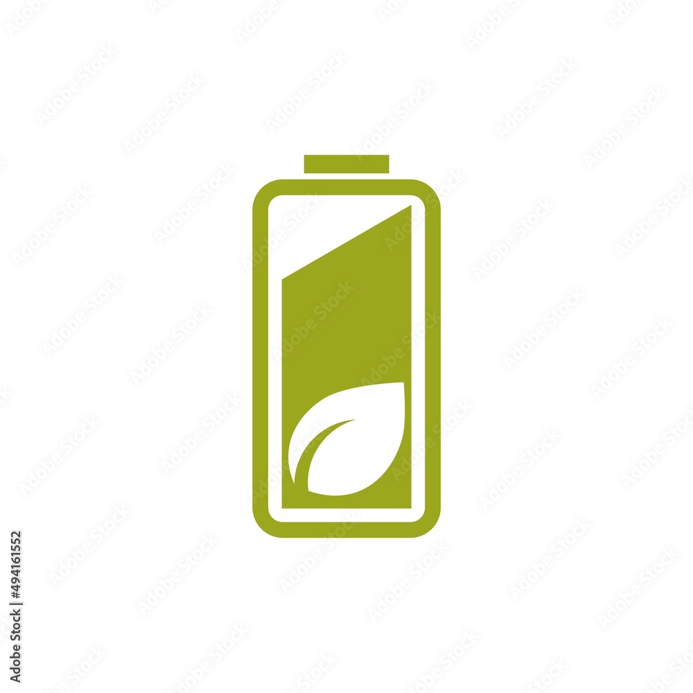 Green leaf and battery. Green energy icon isolated on white background Green leaf and battery. Green energy icon isolated on white background