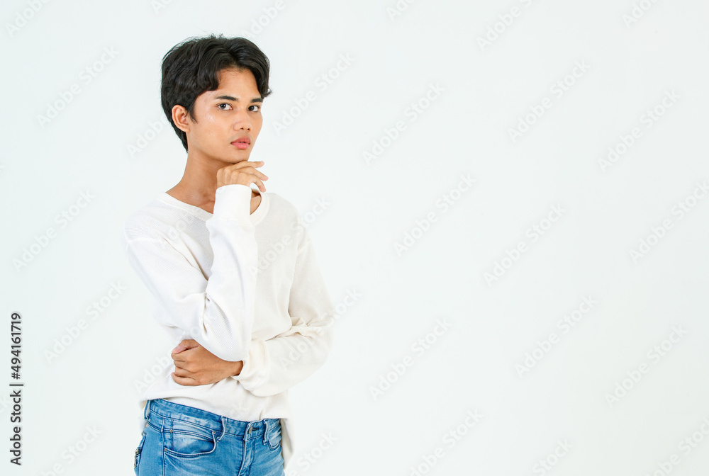Portrait isolated studio shot of Asian young LGBTQ gay glamour happy handsome bisexual homosexual male fashion model in casual outfit standing straight smiling look at camera on white background Portrait isolated studio shot of Asian young LGBTQ gay glamour happy handsome bisexual homosexual male fashion model in casual outfit standing straight smiling look at camera on white background