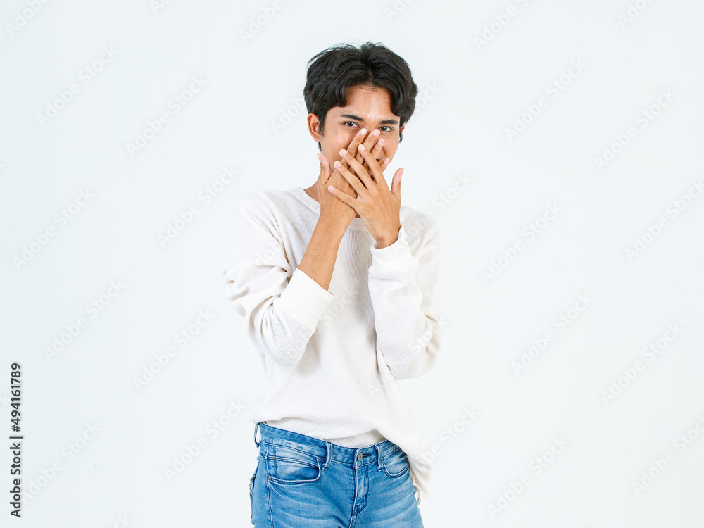 Portrait isolated studio shot of Asian young LGBTQ gay glamour happy handsome bisexual homosexual male fashion model in casual outfit standing straight smiling look at camera on white background Portrait isolated studio shot of Asian young LGBTQ gay glamour happy handsome bisexual homosexual male fashion model in casual outfit standing straight smiling look at camera on white background