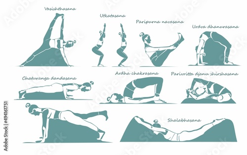 A big set of yoga poses female siluets. 10 isolated asanas with names of them on white background