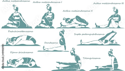 A big set of yoga poses female siluets. 10 isolated asanas with names of them on white background