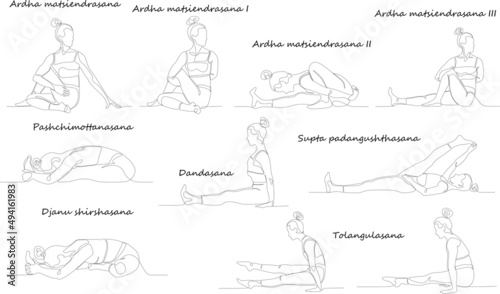 A big set of yoga poses with names of asanas. Continuous line drawing. 10 isolated asanas on white background