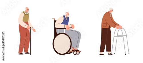 Senior person walking with cane, sitting in wheelchair, going with walker, frame. Old people with disabilities moving with supporting tools. Flat vector illustrations isolated on white background