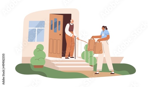 Volunteer helping senior person with groceries. Social worker donating food to old man, delivering it to home. Charity and support. Flat graphic vector illustration isolated on white background