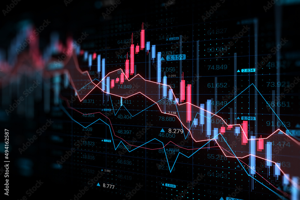 Abstract downward forex chart on dark backdrop. Crisis and collapse concept. 3D Rendering. Abstract downward forex chart on dark backdrop. Crisis and collapse concept. 3D Rendering.