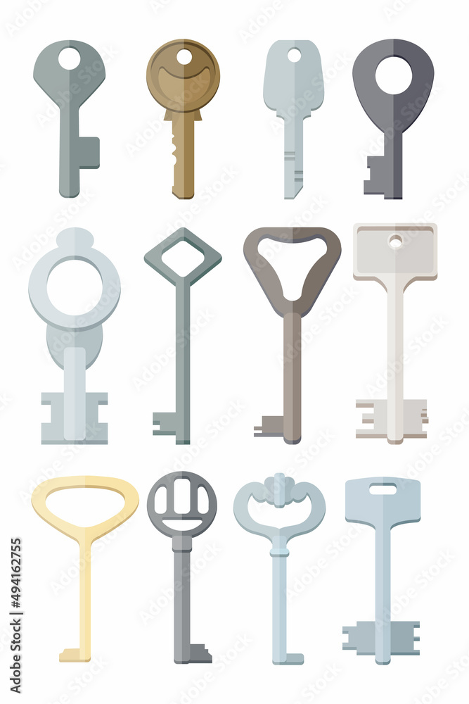 Retro and modern keys cartoon illustration set. Metal keys of various types from locks with ornate heads isolated on white background. Security, protection, privacy concept Retro and modern keys cartoon illustration set. Metal keys of various types from locks with ornate heads isolated on white background. Security, protection, privacy concept