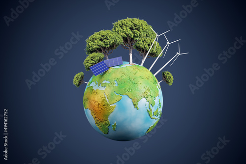 Creative globe with trees and solar panels on dark blue background. Energy and sustainable concept. 3D Rendering.