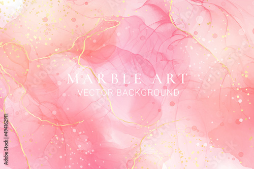 Rose pink liquid watercolor background with golden dots. Dusty blush marble alcohol ink drawing effect. Vector illustration design template for wedding invitation, menu, rsvp