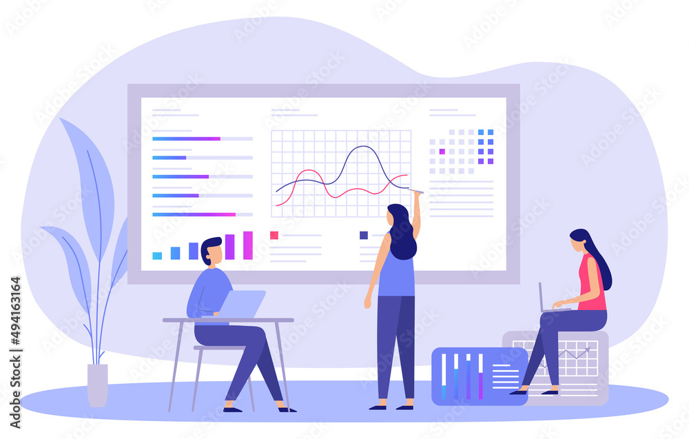 Business marketing strategy. Man and woman analyzing data, making presentation with charts about investments Business marketing strategy. Man and woman analyzing data, making presentation with charts about investments
