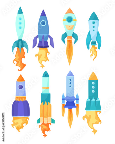 Reactive rockets firing flame and fire cartoon collection set. Colorful missiles taking off, space ship launch with orange jet steam isolated on white background. Flight, speed concept