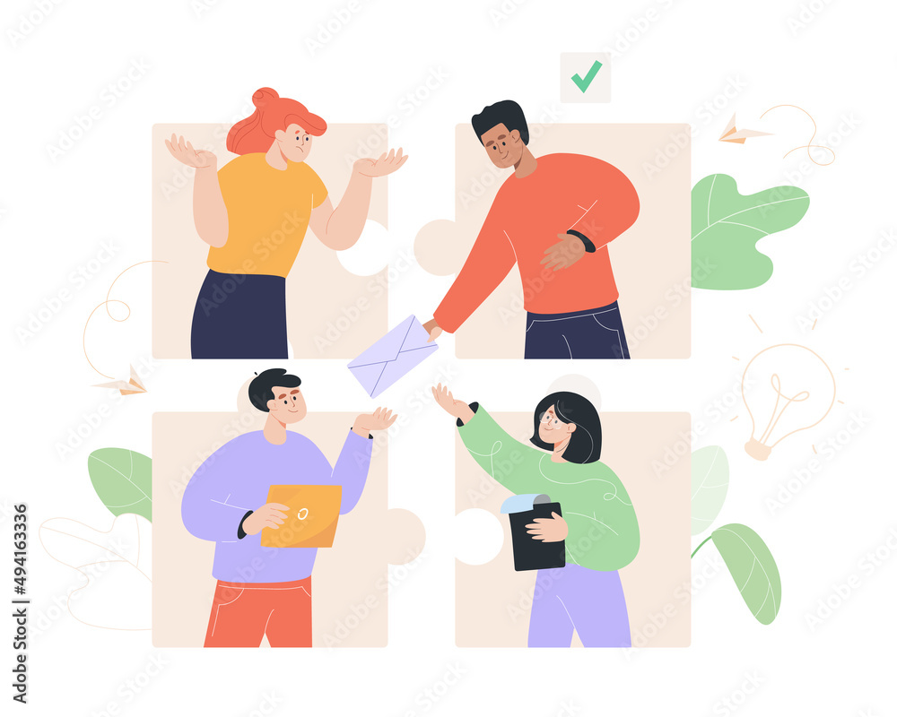 People connecting puzzle online flat vector illustration. Employees communicating remotely building relationship. Men and women working using social media. Business cooperation concept