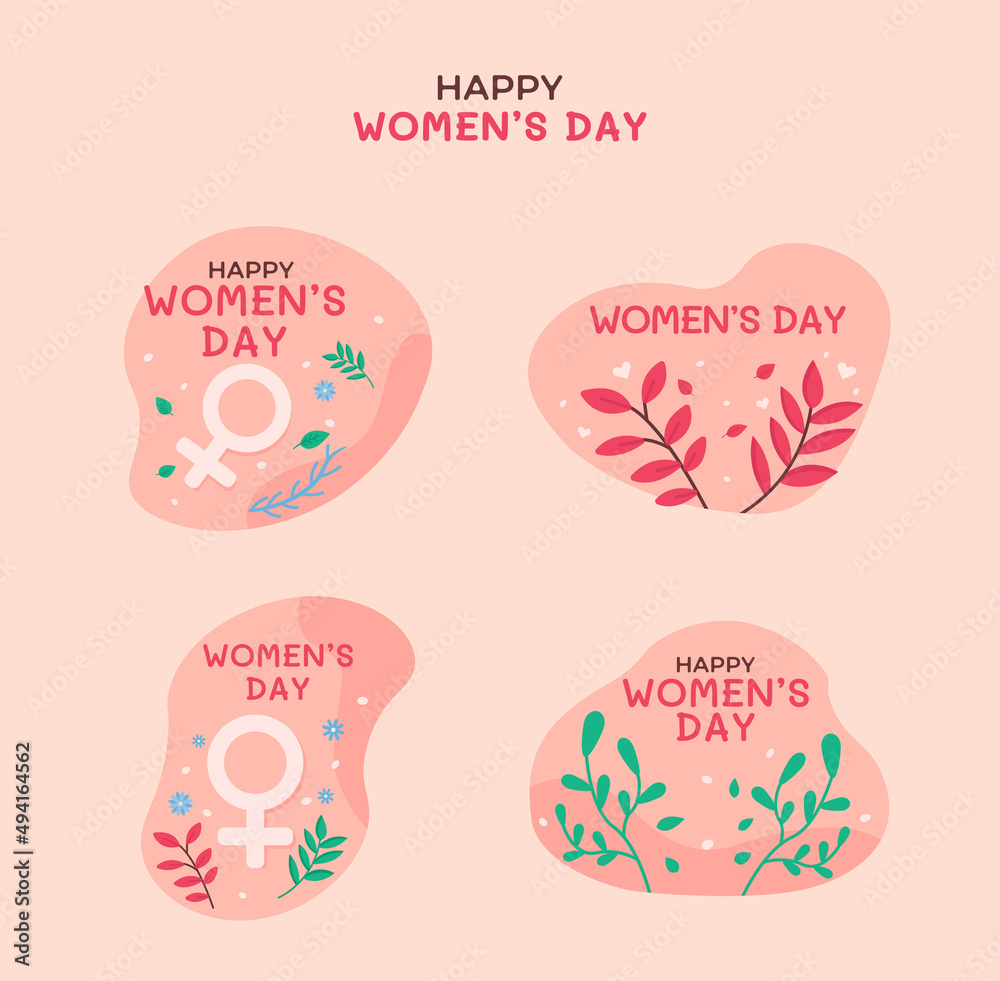 March 8 Women's Day. Pink background with women's day inscription cute character spring flower illustration International women's day greeting card template.