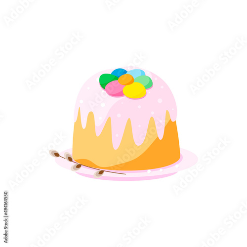 Cute Happy Easter cake on pink plate with willow twig.