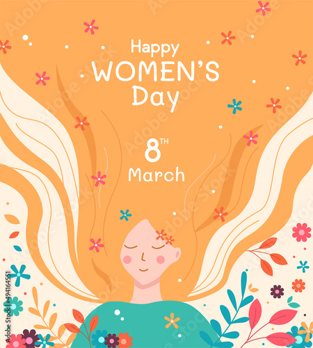International Women's Day. Charming happy girl with long hair with sample text and flowers. International women's day illustration, march 8.