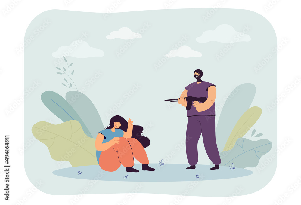 Perpetrator pointing gun at girl sitting on floor. Frustrated woman defending from criminal flat vector illustration. Crime, protection concept for banner, website design or landing web page