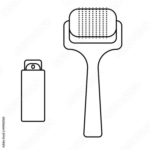 Derma roller and Serum. Skin care roller tool. Vector outline icon isolated on white background.