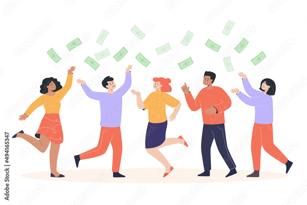 Obraz premium Happy people under money rain flat vector illustration. Cheerful men and women jumping, celebrating financial success and achieving goal together. Finance, team, economy concept