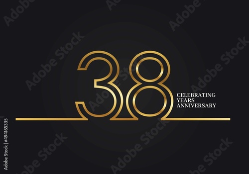 38 Years Anniversary logotype with golden colored font numbers made of one connected line, isolated on black background for company celebration event, birthday photo