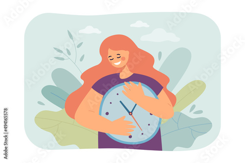 Happy girl hugging clock flat vector illustration. Woman taking care of schedule, planning activities. Time management concept for banner, website design or landing web page