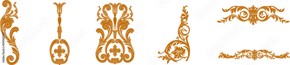 Set of golden vintage baroque ornament, corner. Retro pattern antique style acanthus. Decorative design element filigree calligraphy vector - obrazy, fototapety, plakaty 