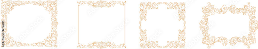 Set of golden vintage border frame engraving with retro ornament pattern in antique baroque style decorative design. Vector - obrazy, fototapety, plakaty 