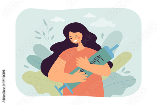 Girl hugging vaccine syringe flat vector illustration. Woman supporting vaccination against coronavirus. Healthcare, medicine, immunization concept for banner, website design or landing web page