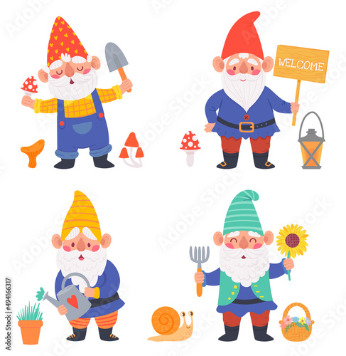 Cartoon gnome characters. Cute dwarfs holding gardening tool as watering can and digging shovel. Adorable characters