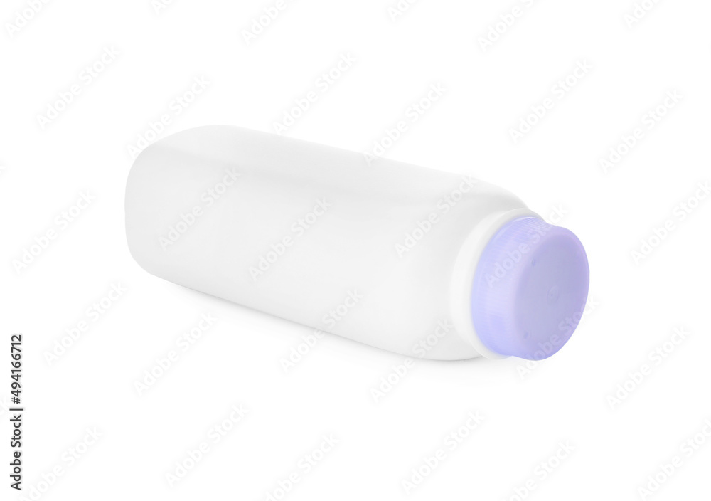 Bottle of dusting powder isolated on white. Baby cosmetic product Bottle of dusting powder isolated on white. Baby cosmetic product