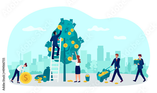Investment concept. People growing money on trees. Businessman and woman picking cash from plants. Workers get financial profit