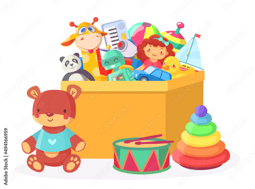 Naklejka premium Kids toy box. Cartoon robot, doll, ball, teddy bear, giraffe, boat and panda in cardboard container for playroom