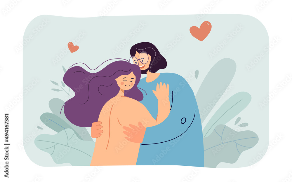 Mother and daughter hugging flat vector illustration. Happy mom and kid spending good time together, demonstrating tenderness. Love, family concept for banner, website design or landing web page Mother and daughter hugging flat vector illustration. Happy mom and kid spending good time together, demonstrating tenderness. Love, family concept for banner, website design or landing web page