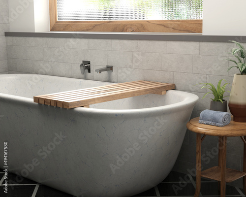 Wood caddy for bathtub in modern bathroom with patterned glass window for product presentation or display such as skin care, hair care, spa, etc photo