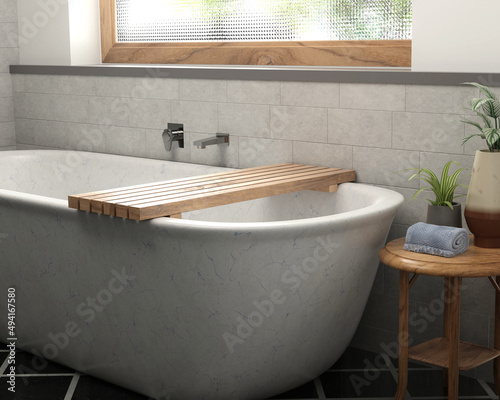 Valokuva Wood caddy for bathtub in modern bathroom with patterned glass window for produc