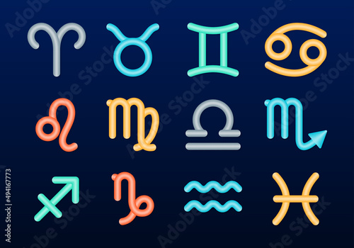 Zodiac sign 3d icon set. Horoscope, astrology colorful symbols. Vector illustration.