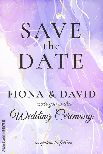 Violet lavender liquid watercolor marble background with golden lines. Pastel purple periwinkle alcohol ink drawing effect. Vector illustration design template for wedding invitation, menu, rsvp