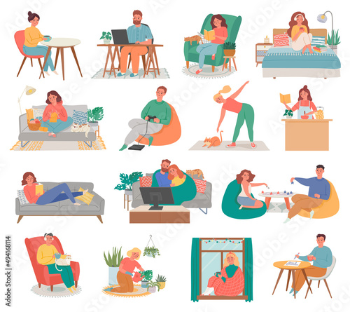 People at home. Female and male characters spending time indoors. Man and woman watching tv, playing board game