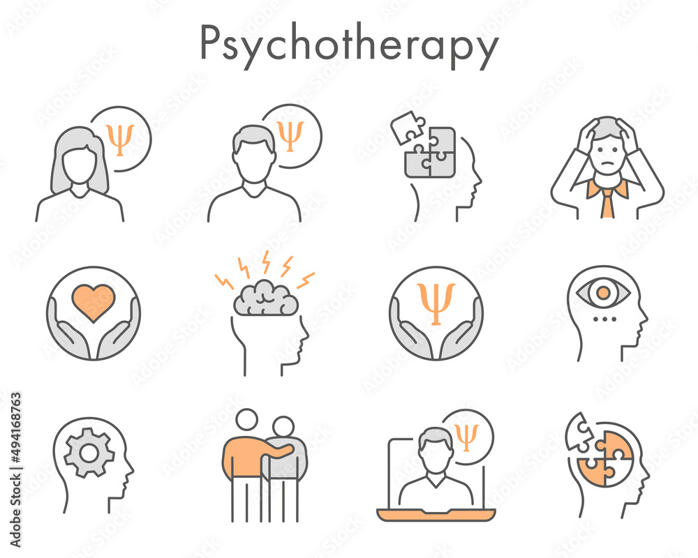 Psychotherapy icon set. Collection of mental, depression, emotion, doctor and more. Vector illustration. Editable Stroke. Psychotherapy icon set. Collection of mental, depression, emotion, doctor and more. Vector illustration. Editable Stroke.